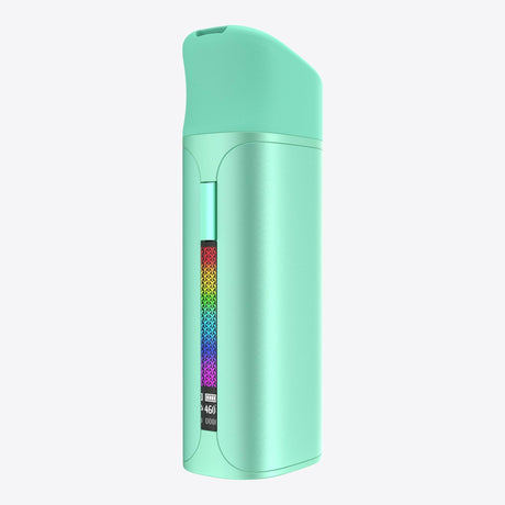 Pocket Concentrate Vaporizer: Mint-green, cylindrical vaporizer with a slanted mouthpiece, OLED display showing battery and temperature, designed for premium wax vaping with ergonomic features.