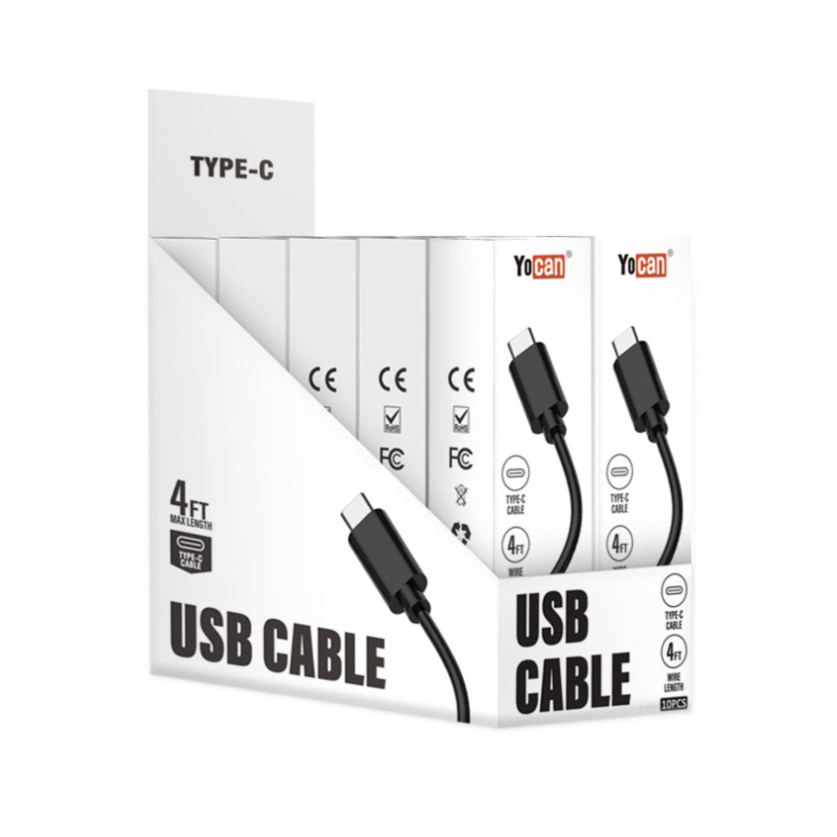 USB Type-C Cable - Carton of 10: Display box with 10 black, 4ft Yocan USB-C cables, each boxed, labeled “USB CABLE” and “TYPE-C,” for fast charging.
