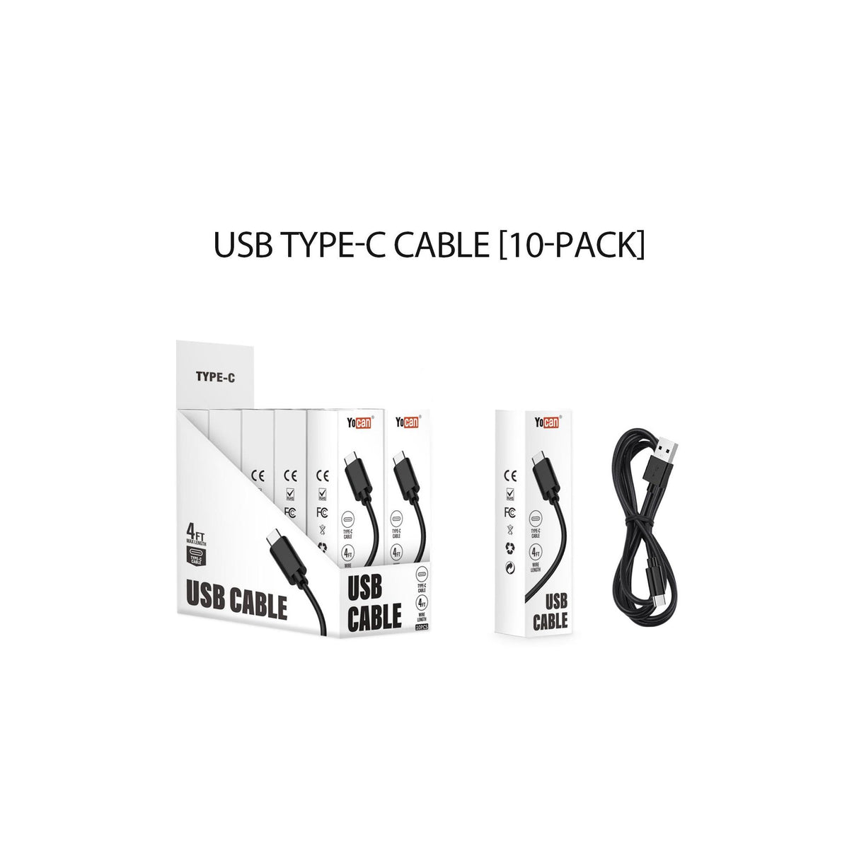 USB Type-C Cable - Carton of 10: Display box with ten 4ft YoCan cables, individual boxed cable, and one loose cable, ideal for fast, reliable charging.