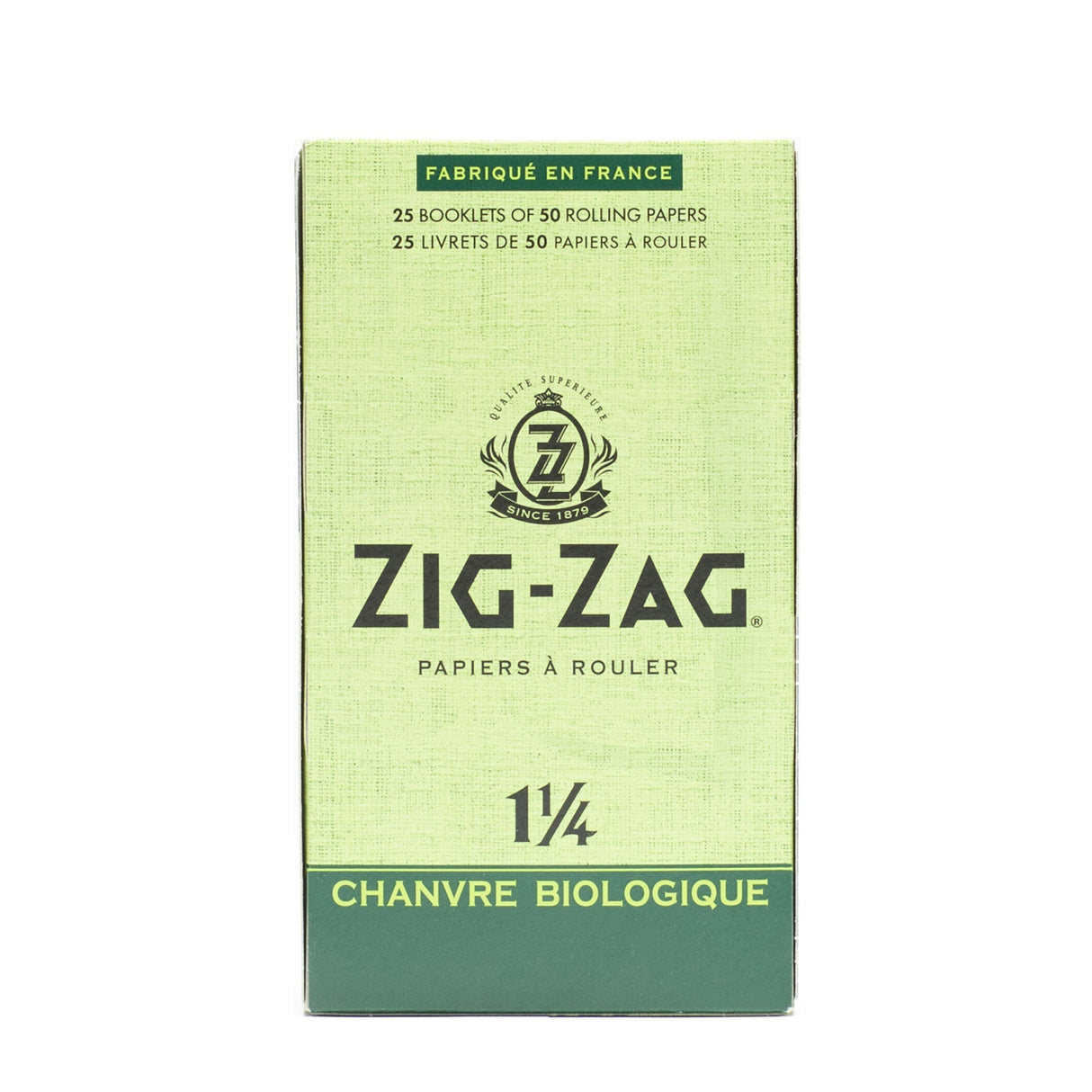 1 1/4 Hemp Rolling Paper box featuring Zig-Zag logo, highlighting organic and unbleached hemp fibers for a smooth, eco-friendly smoking experience.