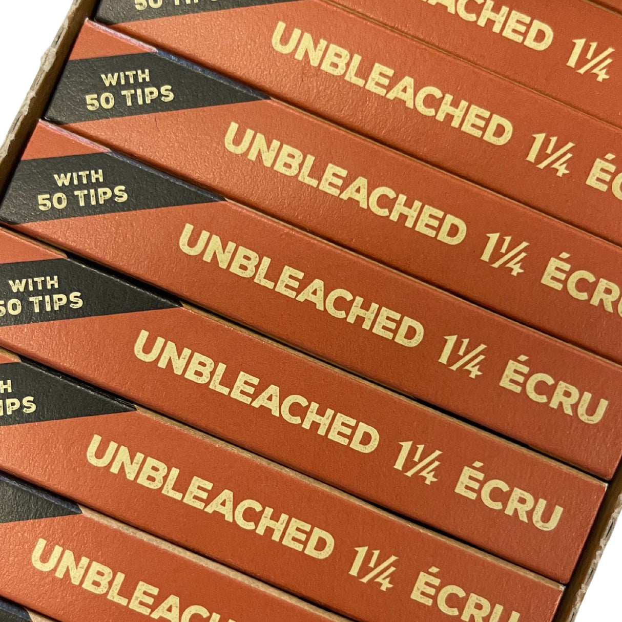 Unbleached 1 1/4 Papers & Tips combo pack, featuring ultra-thin, slow-burning rolling papers and tips, neatly stacked in a box.