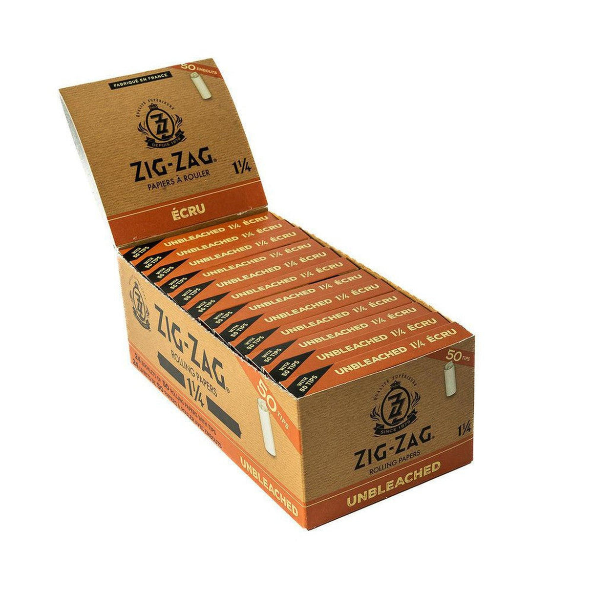 Zig-Zag Unbleached 1¼ Papers & Tips in a countertop display box, featuring 24 booklets with 50 ultra-thin sheets and pre-rolled tips each.