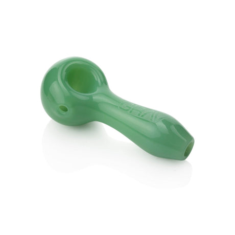 Glass Pipe - Classic Spoon: A sleek, green pipe with a large bowl and ergonomic design, featuring an inverted ash-catching mouthpiece for a superior smoking experience.