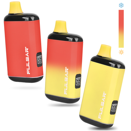 DL 2.0 PRO Thermo VV 510 Battery vaporizer trio, with yellow mouthpieces and thermochromic finish, displaying heat-induced color change from yellow to red.