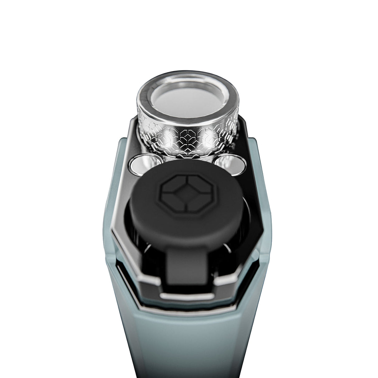 Hachi - Dark Gray close-up: flame-adjuster wheel, fuel level windows, ignition button, and teal-anodized body, showcasing its precision and portability.