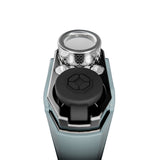 Hachi - Dark Gray close-up: flame-adjuster wheel, fuel level windows, ignition button, and teal-anodized body, showcasing its precision and portability.