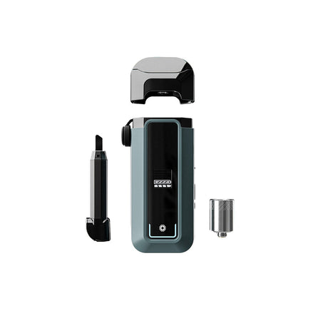 Disassembled Hachi - Dark Gray vaporizer showing battery with LED panel, mouthpiece, refillable pod, and coil, highlighting its portable, high-performance design.