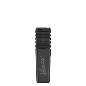 VEAZY Dry Herb Vaporizer in matte-black, pocket-size with cooling fins near the mouthpiece; branded Veazy on the lower half for portable, precise vaping.