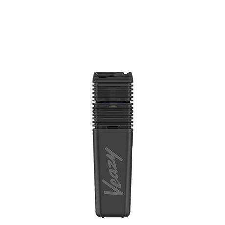 VEAZY Dry Herb Vaporizer in matte-black, pocket-size with cooling fins near the mouthpiece; branded Veazy on the lower half for portable, precise vaping.
