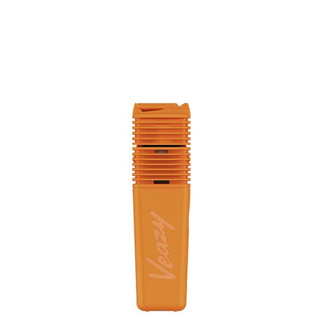 The VEAZY Dry Herb Vaporizer is a compact, orange device with vents and Veazy embossed, featuring portable design and precise temperature control.