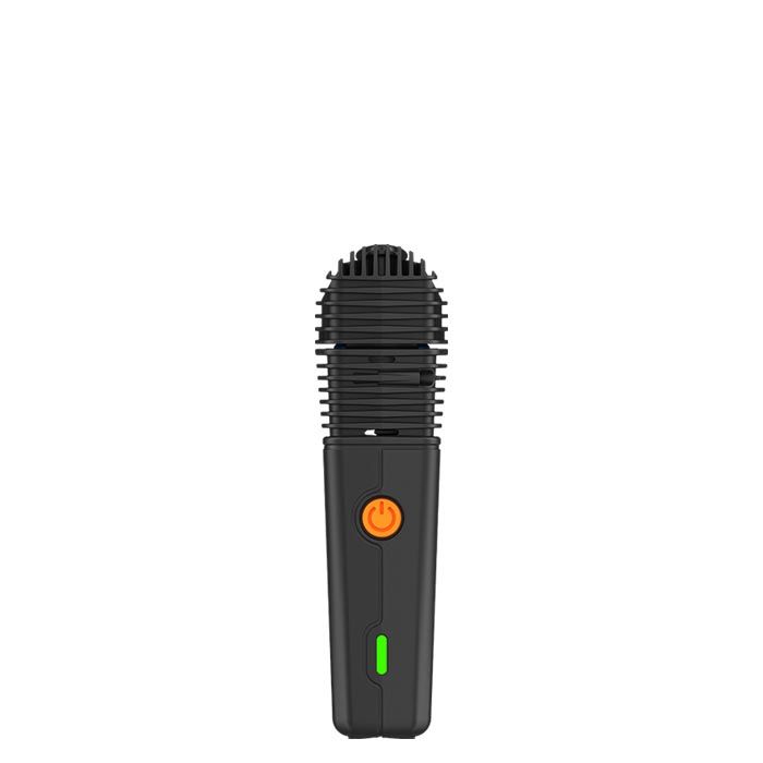Handheld device with grated top, orange power button, green status LED; VEAZY Dry Herb Vaporizer by STORZ & BICKEL for portable precision and customization.