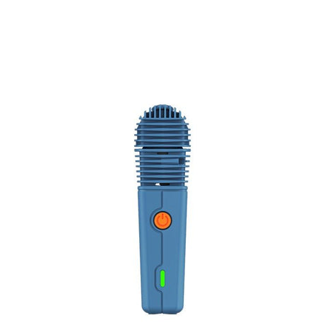 VEAZY Dry Herb Vaporizer, handheld matte device with vents, orange power button, green LED. Features advanced heating, USB-C charging, app connectivity, ideal for portable use.