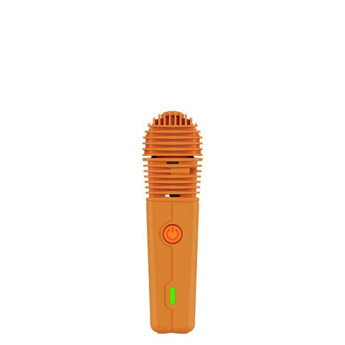 VEAZY Dry Herb Vaporizer with orange-anodized body, finned heat sink, round power button, and green LED indicator for status.