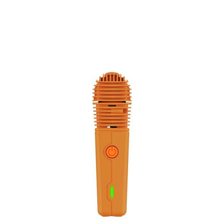 VEAZY Dry Herb Vaporizer with orange-anodized body, finned heat sink, round power button, and green LED indicator for status.