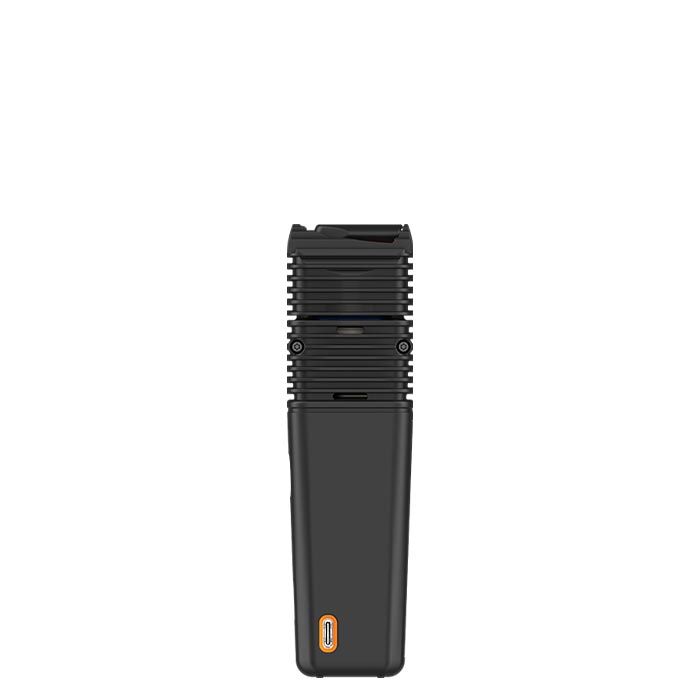 VEAZY Dry Herb Vaporizer with a rectangular body, cooling-fin top, sliding chamber cover, and USB-C port, highlighting its ultra-portable design by STORZ & BICKEL.