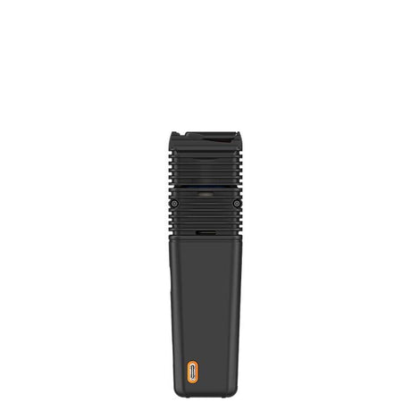 VEAZY Dry Herb Vaporizer with a rectangular body, cooling-fin top, sliding chamber cover, and USB-C port, highlighting its ultra-portable design by STORZ & BICKEL.
