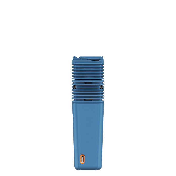 VEAZY Dry Herb Vaporizer in blue housing with slotted vents and USB-C port, showcasing its ultra-portable design and advanced heating technology by STORZ & BICKEL.