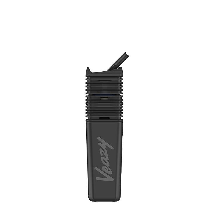 VEAZY Dry Herb Vaporizer, a matte-black, pocket-sized device with cooling fins, flip-open mouthpiece, showcasing its sleek, ultra-portable design by STORZ & BICKEL.