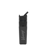 VEAZY Dry Herb Vaporizer, a matte-black, pocket-sized device with cooling fins, flip-open mouthpiece, showcasing its sleek, ultra-portable design by STORZ & BICKEL.
