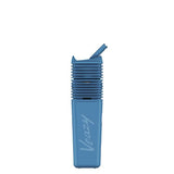 VEAZY Dry Herb Vaporizer: Blue, pocket-sized device with a flip-open mouthpiece and heat-sink fins, offering precise heating for dry herbs by STORZ & BICKEL.