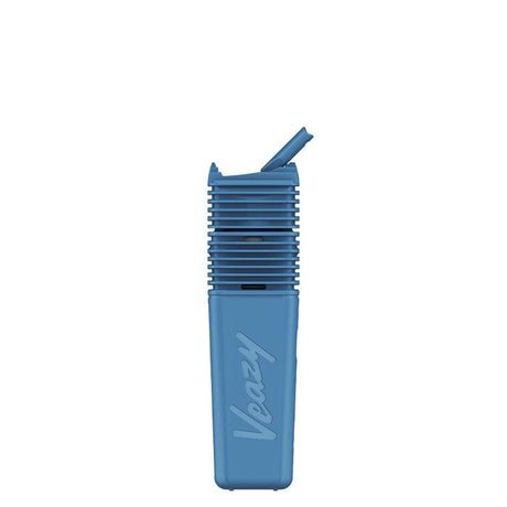 VEAZY Dry Herb Vaporizer: Blue, pocket-sized device with a flip-open mouthpiece and heat-sink fins, offering precise heating for dry herbs by STORZ & BICKEL.