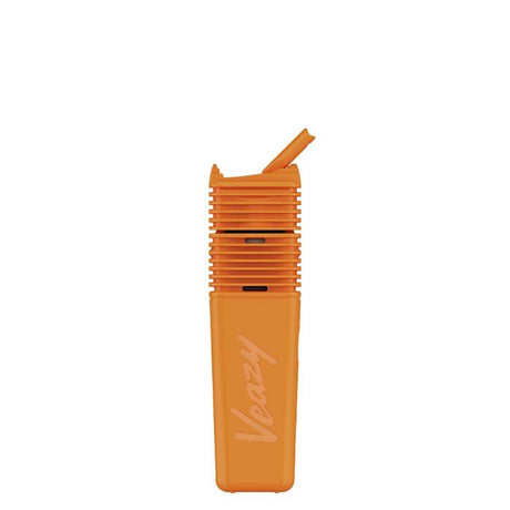 VEAZY Dry Herb Vaporizer, pocket-sized with flip-up mouthpiece, cooling fins, and Veezy branding, designed for precise temperature control and portable use.