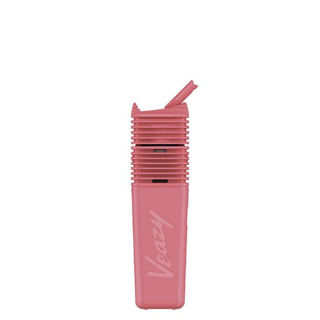 VEAZY Dry Herb Vaporizer, pocket-sized with a rectangular body, flip-up mouthpiece, and pod slot, offers precision heating and app connectivity for customization.