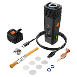 VEAZY Dry Herb Vaporizer kit with battery module, heating head, USB-C cable, loading cup, atomizer, brush, mesh screens, and replacement O-rings for versatile vaping.