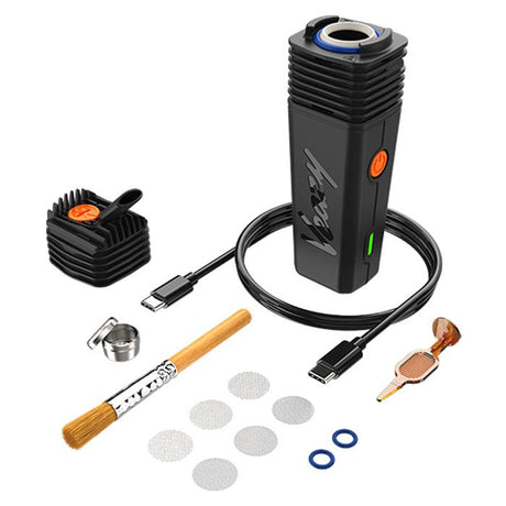 VEAZY Dry Herb Vaporizer kit with battery module, heating head, USB-C cable, loading cup, atomizer, brush, mesh screens, and replacement O-rings for versatile vaping.