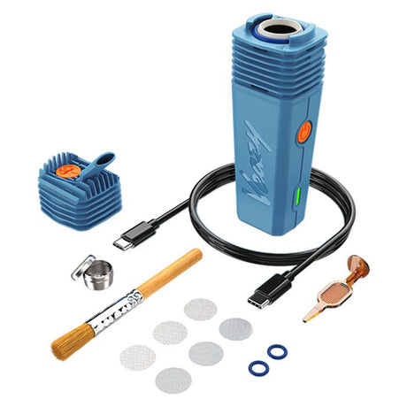 VEAZY Dry Herb Vaporizer with accessories: battery unit, heating head, USB-C cable, spoon tip, clip tool, brush, scoop tool, mesh screens, and o-rings.