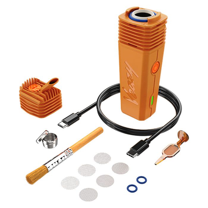 VEAZY Dry Herb Vaporizer kit includes vaporizer body, mouthpiece, USB-C cable, mesh screens, O-rings, loading cup, cleaning brush, and packing tool.