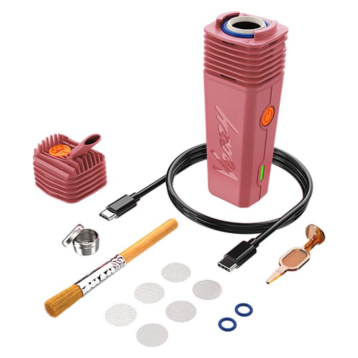 VEAZY Dry Herb Vaporizer kit includes a pink battery/heater, USB-C cable, silicone container, nectar-collector tip, dab tool, cleaning brush, airflow screens, O-rings, and carb cap.