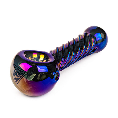 The 4 Terminator Hand Pipe features a spiral-twist grip and iridescent finish, showcasing its ergonomic design and built-in honeycomb screen for smooth use.
