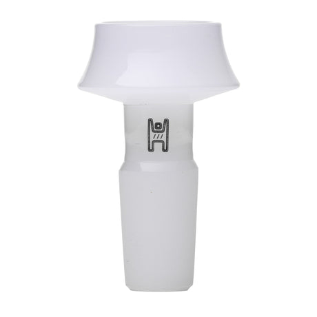 Cauldron Flower Bowl - 14mm: Frosted-glass bowl with mushroom-shaped top, tapered stem, H logo, crafted from durable borosilicate glass for water pipes.