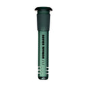 Color Downstem - 14MM - 4: Green-tinted glass with HUMAN GRADE label, featuring multiple slits for smoke percolation in water pipes.