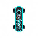 Playdeck Skateboard 510 Battery features a turquoise chassis with black grip tape, skeleton skating graphic, and visible wheels, highlighting its compact, portable design.