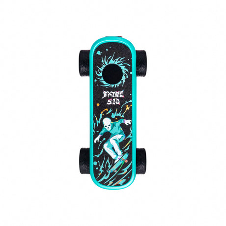 Playdeck Skateboard 510 Battery features a turquoise chassis with black grip tape, skeleton skating graphic, and visible wheels, highlighting its compact, portable design.