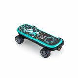 Playdeck Skateboard 510 Battery features a turquoise-trimmed deck with a skeleton graphic, chunky rubber wheels, and visible rear charging port and motor enclosure.