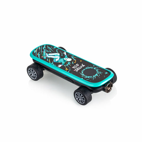 Playdeck Skateboard 510 Battery features a turquoise-trimmed deck with a skeleton graphic, chunky rubber wheels, and visible rear charging port and motor enclosure.