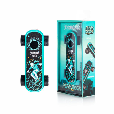The Playdeck Skateboard 510 Battery, a turquoise skateboard-shaped vape mod with wheels, features a skeleton skater graphic and highlights like 510 thread and USB-C charging.