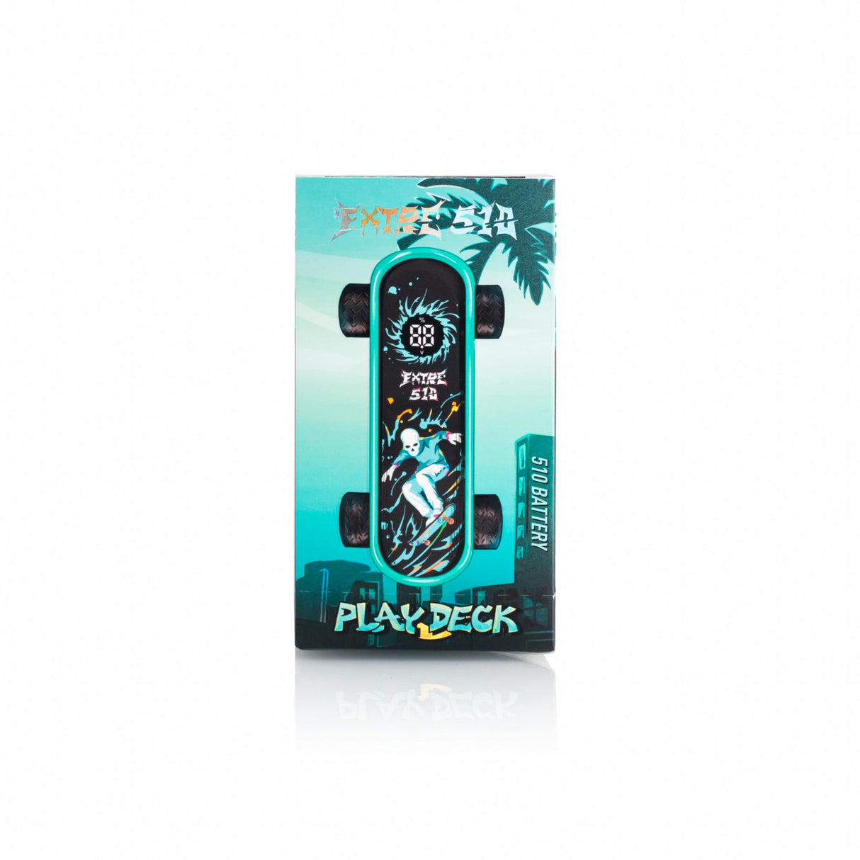 Playdeck Skateboard 510 Battery packaging shows an all-terrain skateboard with chunky wheels, graffiti art, and a digital display remote.