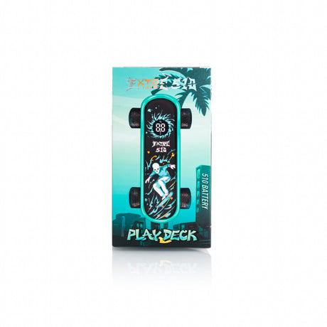 Playdeck Skateboard 510 Battery packaging shows an all-terrain skateboard with chunky wheels, graffiti art, and a digital display remote.