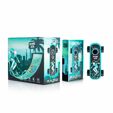 Three Playdeck Skateboard 510 Battery boxes with skeleton skateboarder design, each with a matching mini-skateboard-shaped 510-battery device featuring a digital display and wheels.