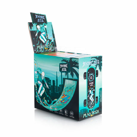 Playdeck Skateboard 510 Battery retail box features teal-black graffiti graphics, palm-tree silhouettes, and icons for 510 adapter, preheat, variable voltage, and USB-C charging.