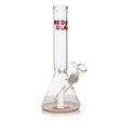 12 Tall Reticello Beaker Base Bong: Clear glass pipe with flared bottom, straight neck, removable downstem, red Red Eye Glass branding near top.