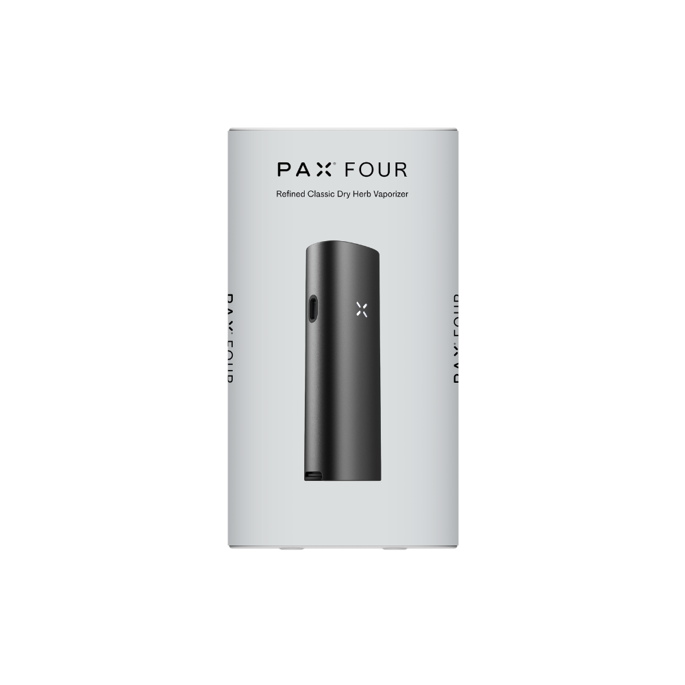 PAX FOUR retail packaging displaying the sleek vaporizer with logo and text, highlighting its powerful dry-herb vaporization features and advanced heating system.