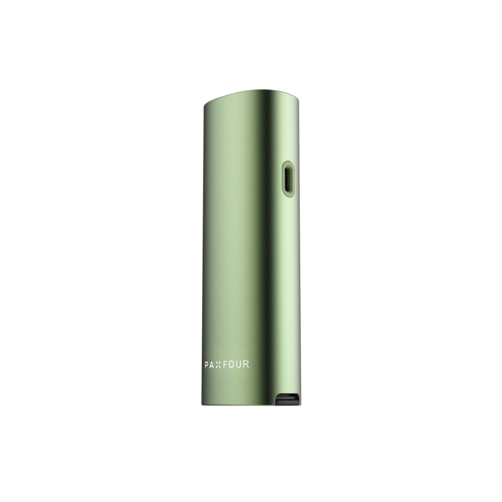Green, cylindrical PAX FOUR vaporizer with PAX FOUR label, featuring improved airflow, hybrid heating, and precision control for enhanced vapor production and user convenience.