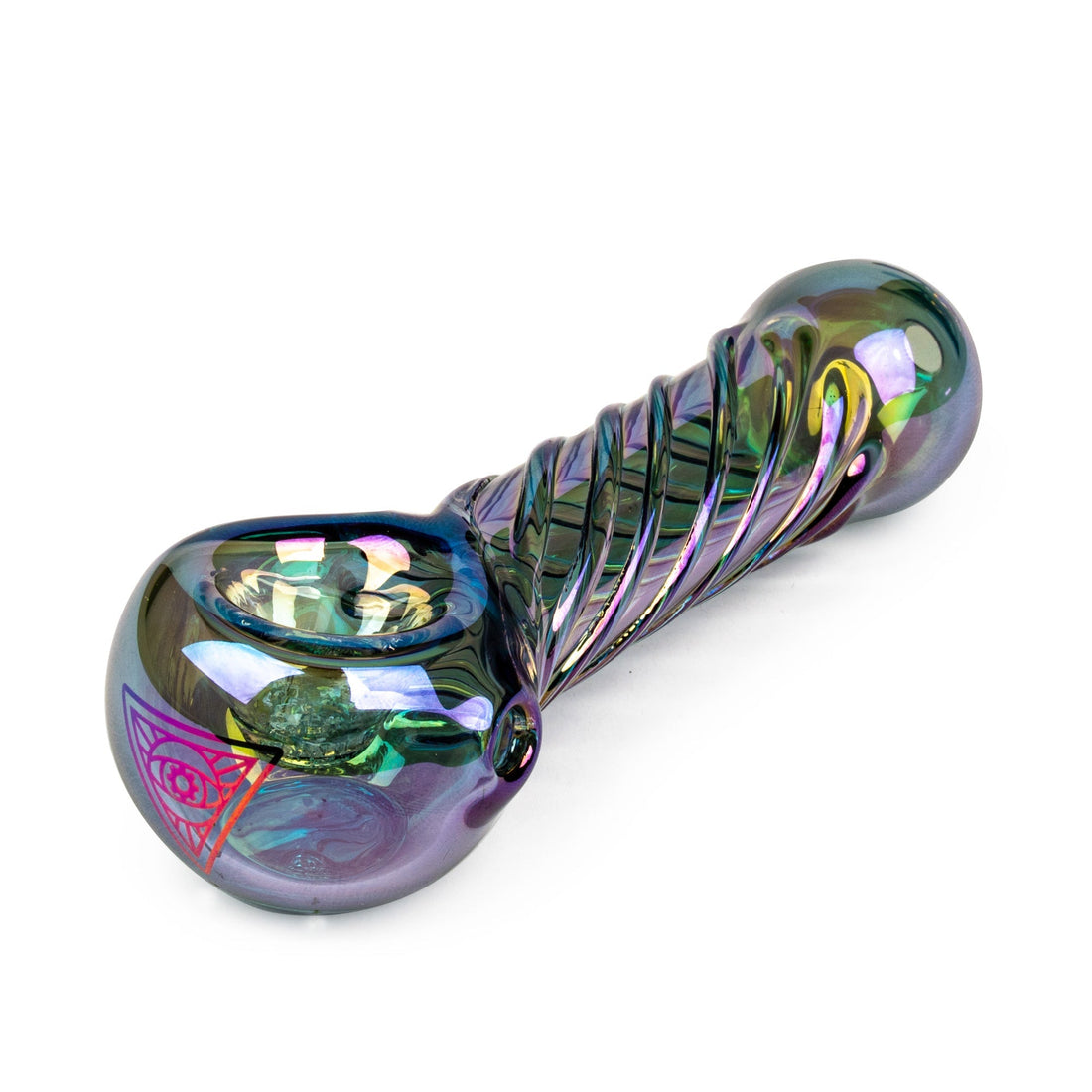 4 Terminator Hand Pipe featuring a sculpted, swirled stem, iridescent finish, rounded bowl, mouthpiece, and ergonomic design for durability and smooth use.
