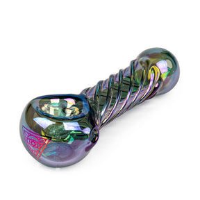 4 Terminator Hand Pipe featuring a sculpted, swirled stem, iridescent finish, rounded bowl, mouthpiece, and ergonomic design for durability and smooth use.