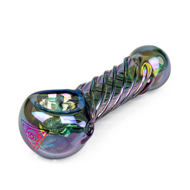 4 Terminator Hand Pipe featuring a sculpted, swirled stem, iridescent finish, rounded bowl, mouthpiece, and ergonomic design for durability and smooth use.